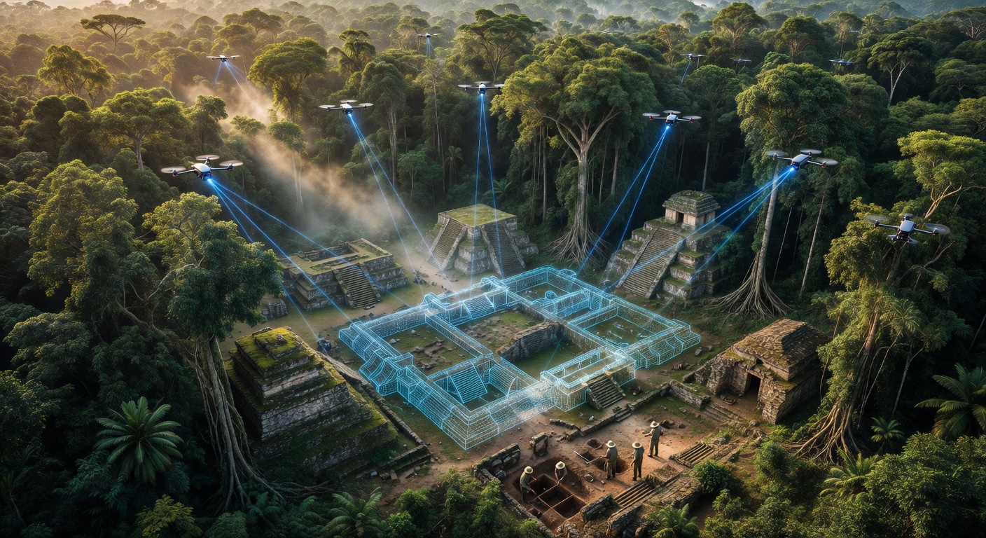 LiDAR drones scanning jungle canopy over archaeological site