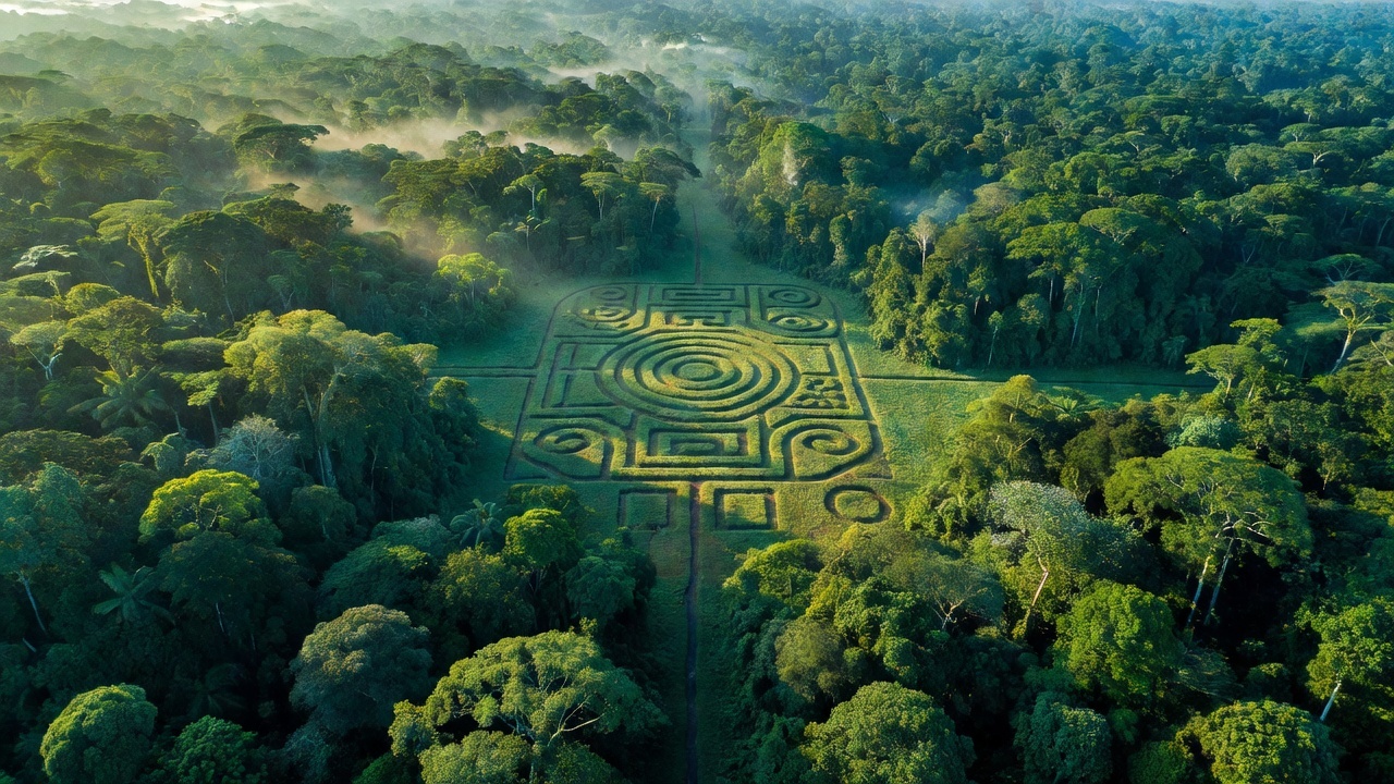 Geometric earthworks visible through the Amazon canopy
