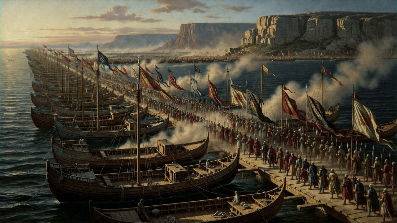 Xerxes' bridge of ships across the Hellespont, 480 BC