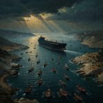 A narrow strait at dusk with ancient oars and a modern tanker in the same water