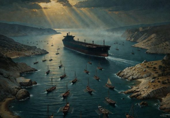 A narrow strait at dusk with ancient oars and a modern tanker in the same water