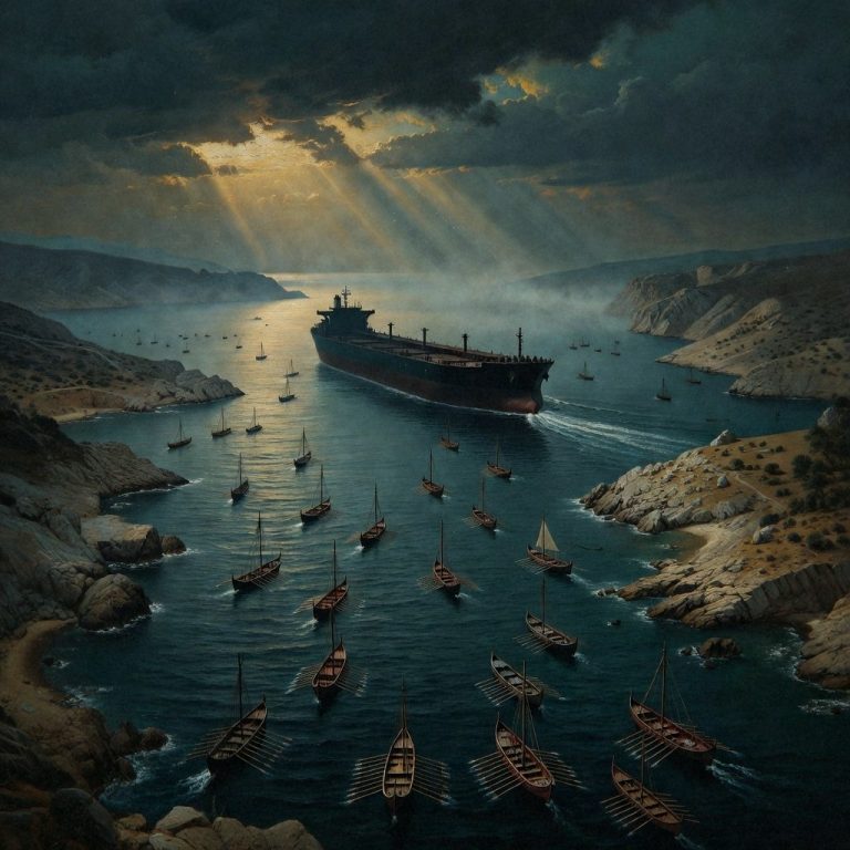 A narrow strait at dusk with ancient oars and a modern tanker in the same water