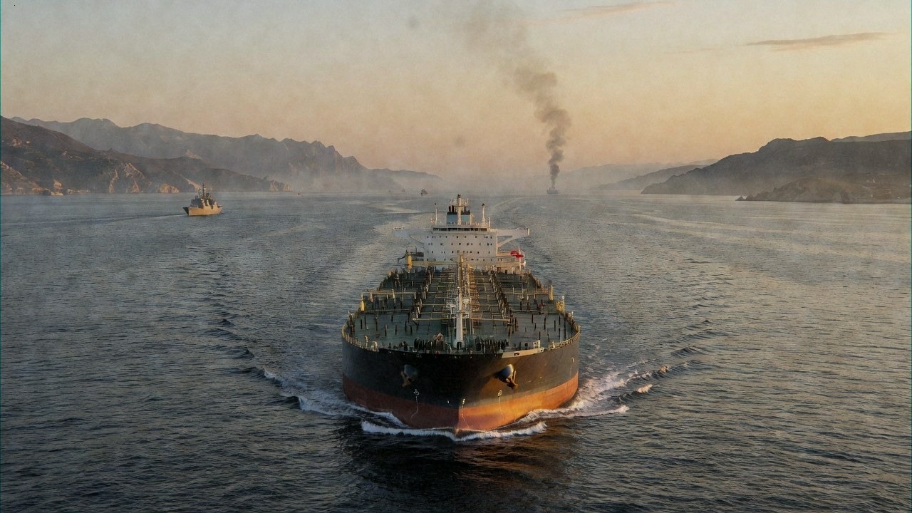 A supertanker in a narrow strait, smoke on the horizon